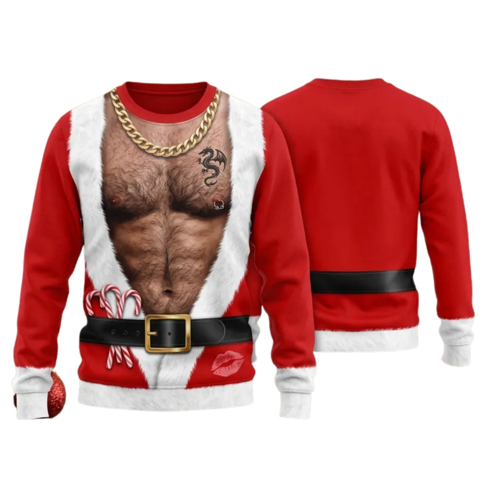 Santa Abs Hairy Chest Men's Sweatshirt 3D Printed, Funny Christmas Sweatshirt 2D1106