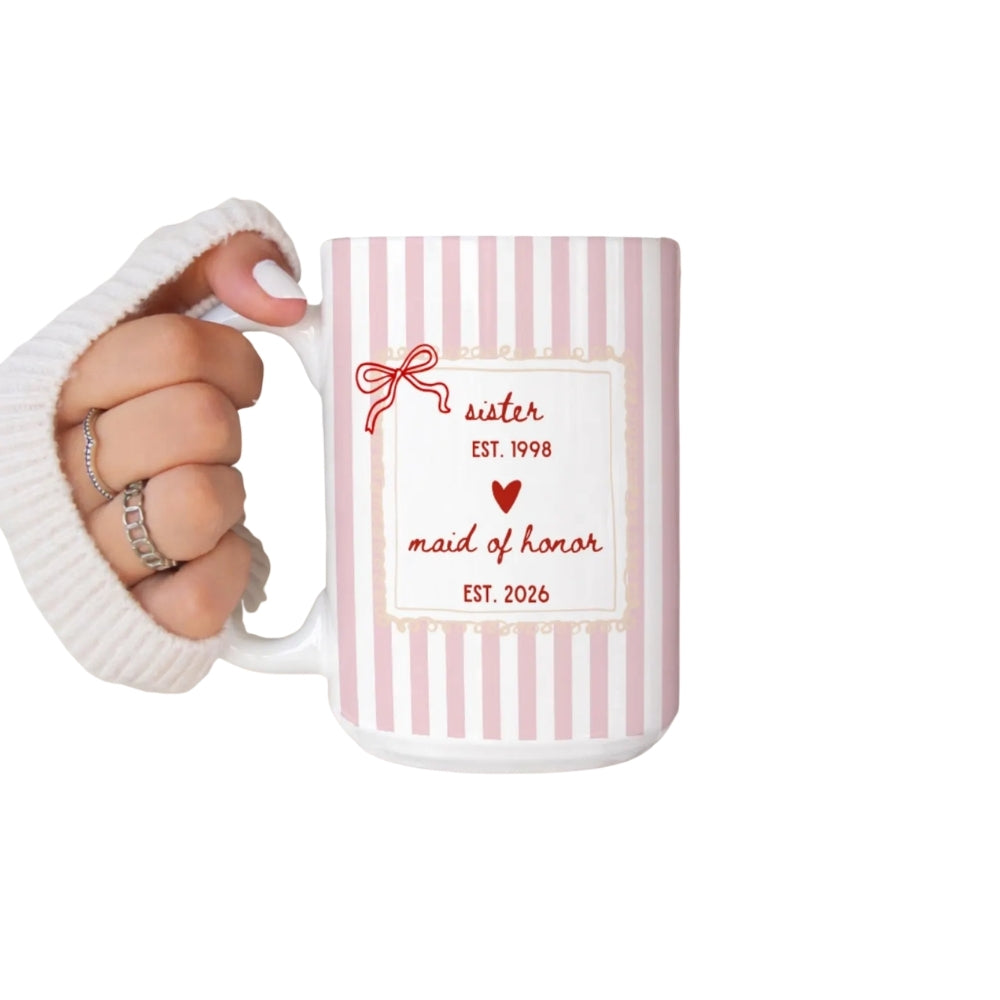 Personalized Sister Maid Of Honor Striped Mug, Custom Bridesmaid Mug For Sister WD0272