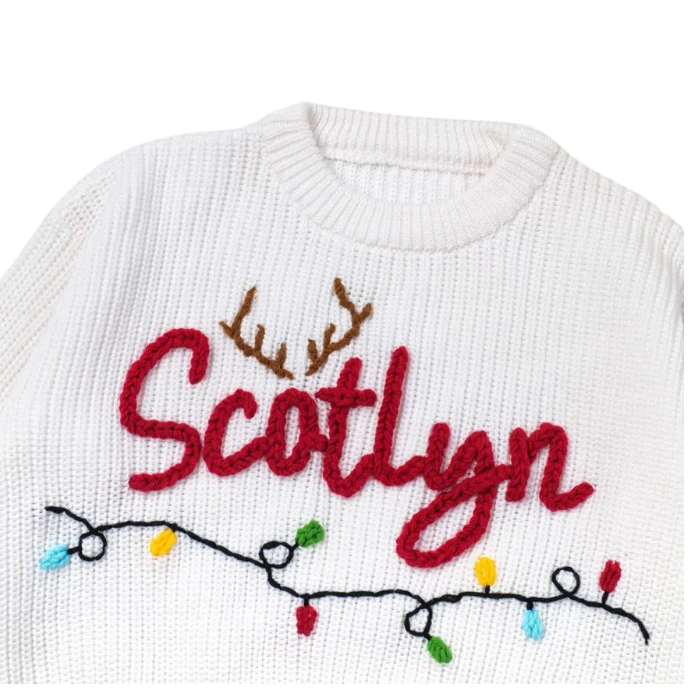 Christmas Light Custom Name Baby Embroidered Knit Sweater, Custom Christmas Sweatshirt For Baby BB0786