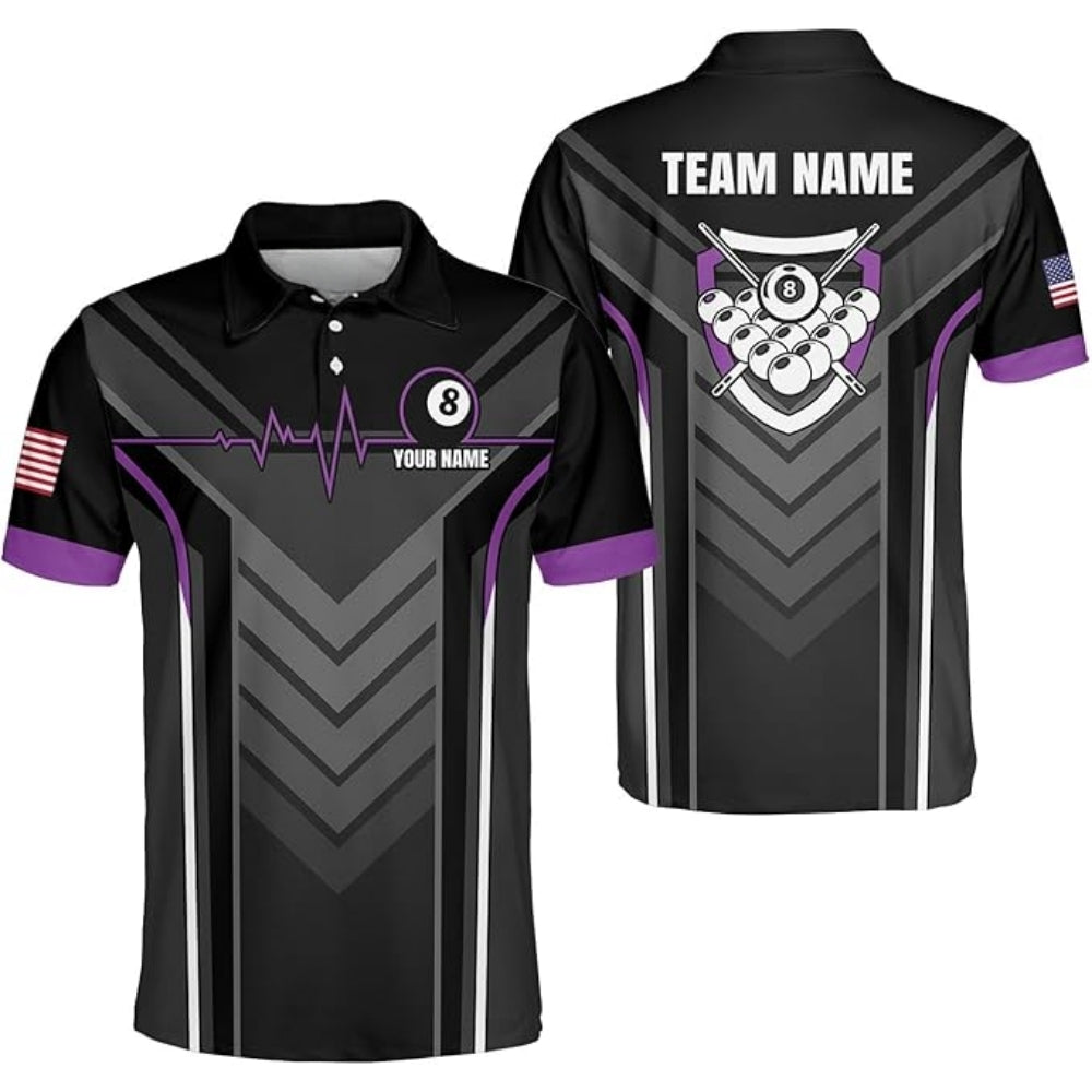 Custom Team 8 Ball Black Billiard Polo Shirt For Mens, Custom Pool Billiard Shirts BIZ0186