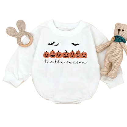 Tis The Season Pumpkin Sweatshirt Baby Romper For Halloween, Hallowen Baby Romper Sweatshirt BB0450