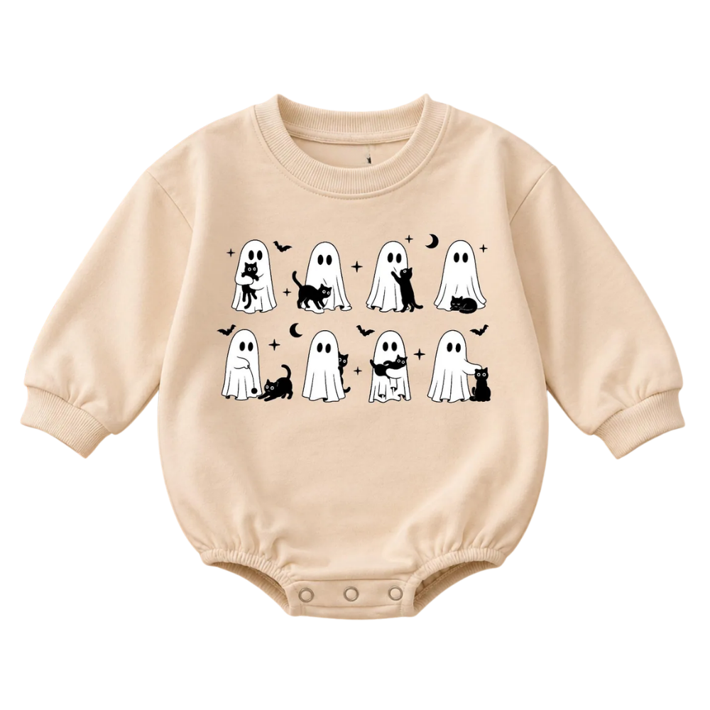 Funny Ghost And Black Cat Baby Romper Sweatshirt, Halloween Baby Sweatshirt BB0872