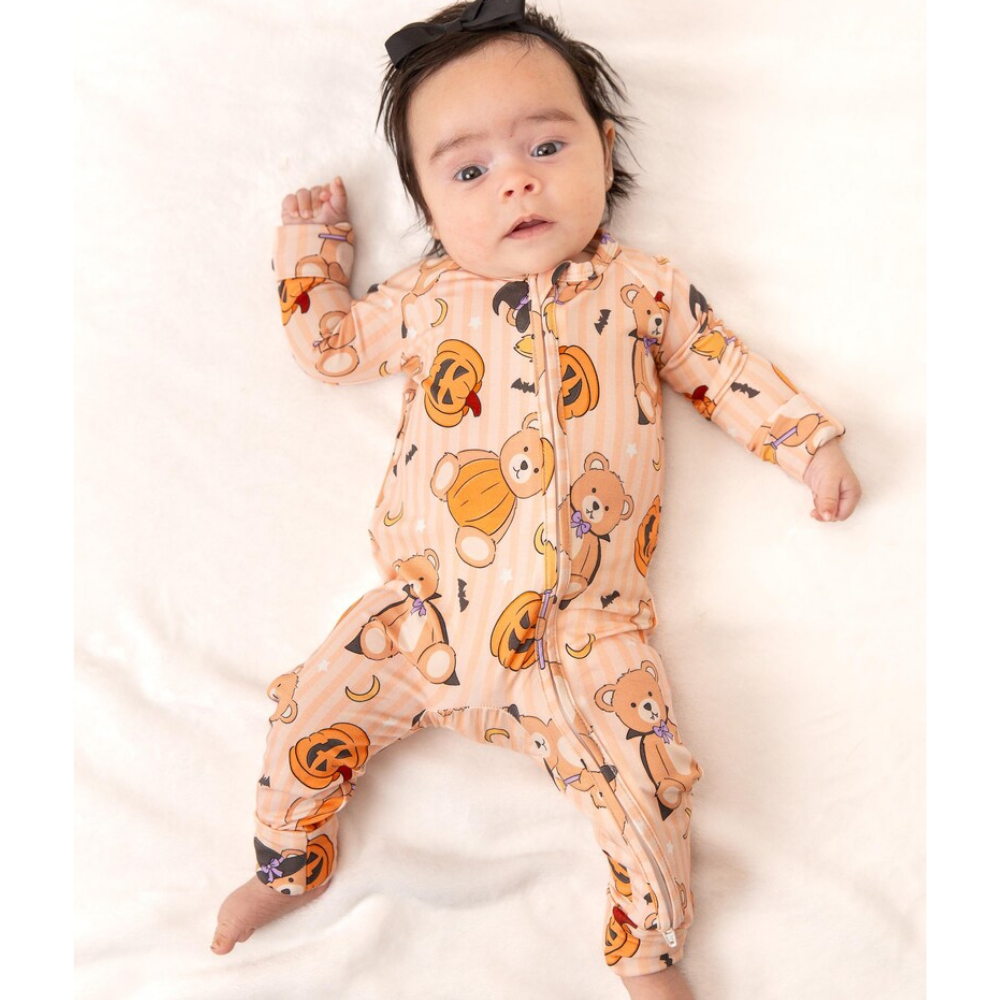 Pumpkin And Teddy Bear Halloween Baby Convertible Zipper Romper, Halloween Baby Romper Convertible BB0341