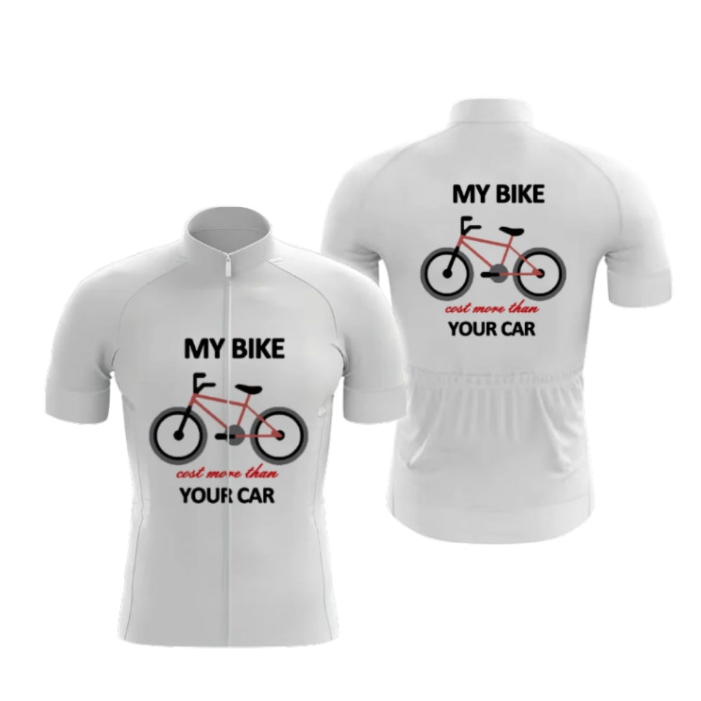 My Bike Cost More Than Your Car Men's White Short Sleeve Cycling Jersey, Funny Cycling Jerseys CG0667