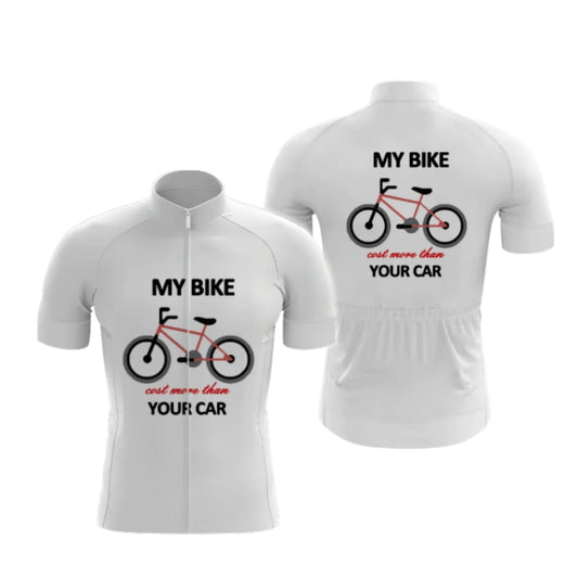 My Bike Cost More Than Your Car Men's White Short Sleeve Cycling Jersey, Funny Cycling Jerseys CG0667
