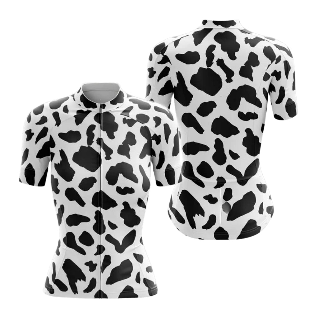 Black And White Cow Fur Women's Cycling Short Sleeve Jersey, Animal Print Cycling Jersey For Womens CE0037
