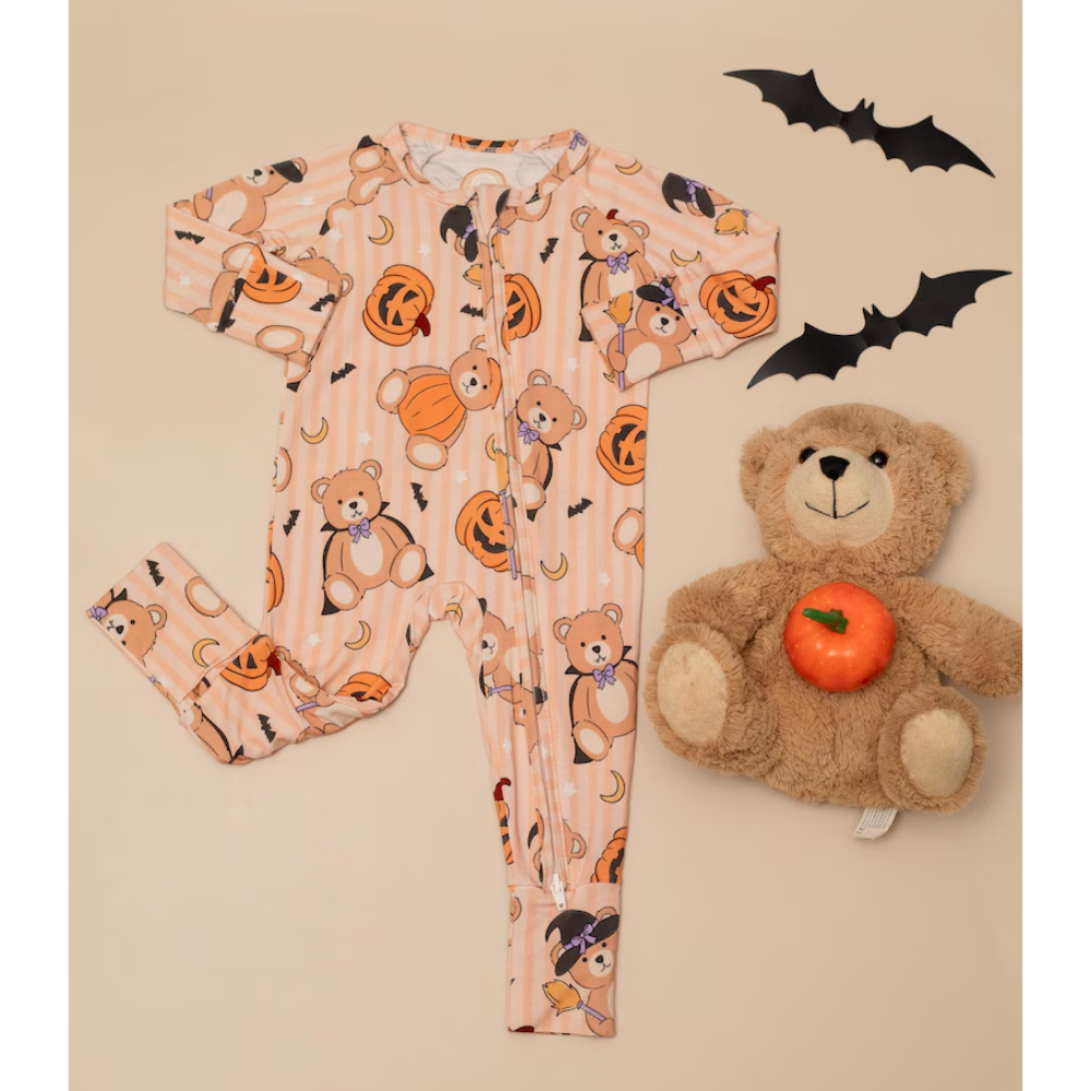 Pumpkin And Teddy Bear Halloween Baby Convertible Zipper Romper, Halloween Baby Romper Convertible BB0341