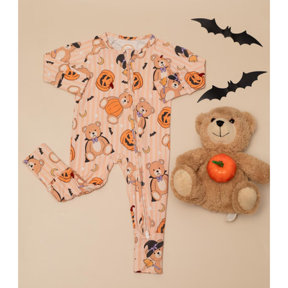 Pumpkin And Teddy Bear Halloween Baby Convertible Zipper Romper, Halloween Baby Romper Convertible BB0341