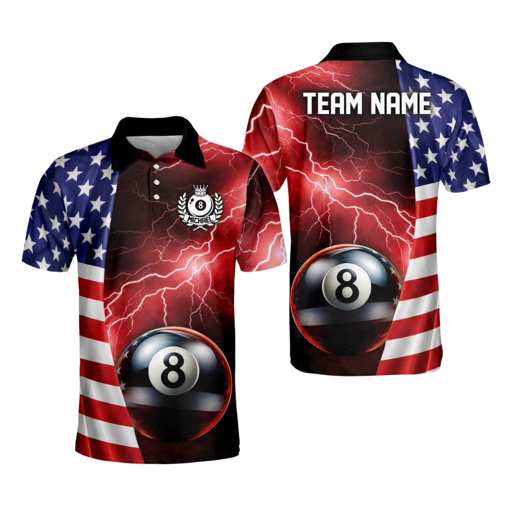 Custom USA Flag 8 Ball Polo Shirt Mens, Custom Patriotic Billiard Shirts For Team BI0065