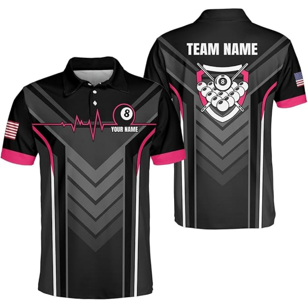Custom Team 8 Ball Black Billiard Polo Shirt For Mens, Custom Pool Billiard Shirts BIZ0186
