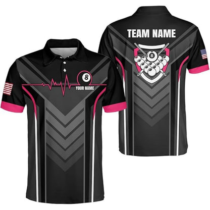 Custom Team 8 Ball Black Billiard Polo Shirt For Mens, Custom Pool Billiard Shirts BIZ0186