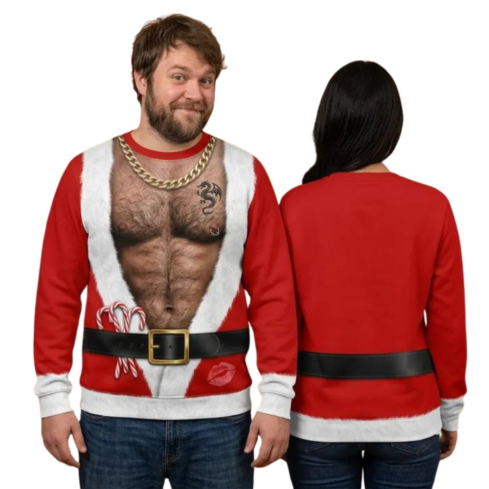 Santa Abs Hairy Chest Men's Sweatshirt 3D Printed, Funny Christmas Sweatshirt 2D1106