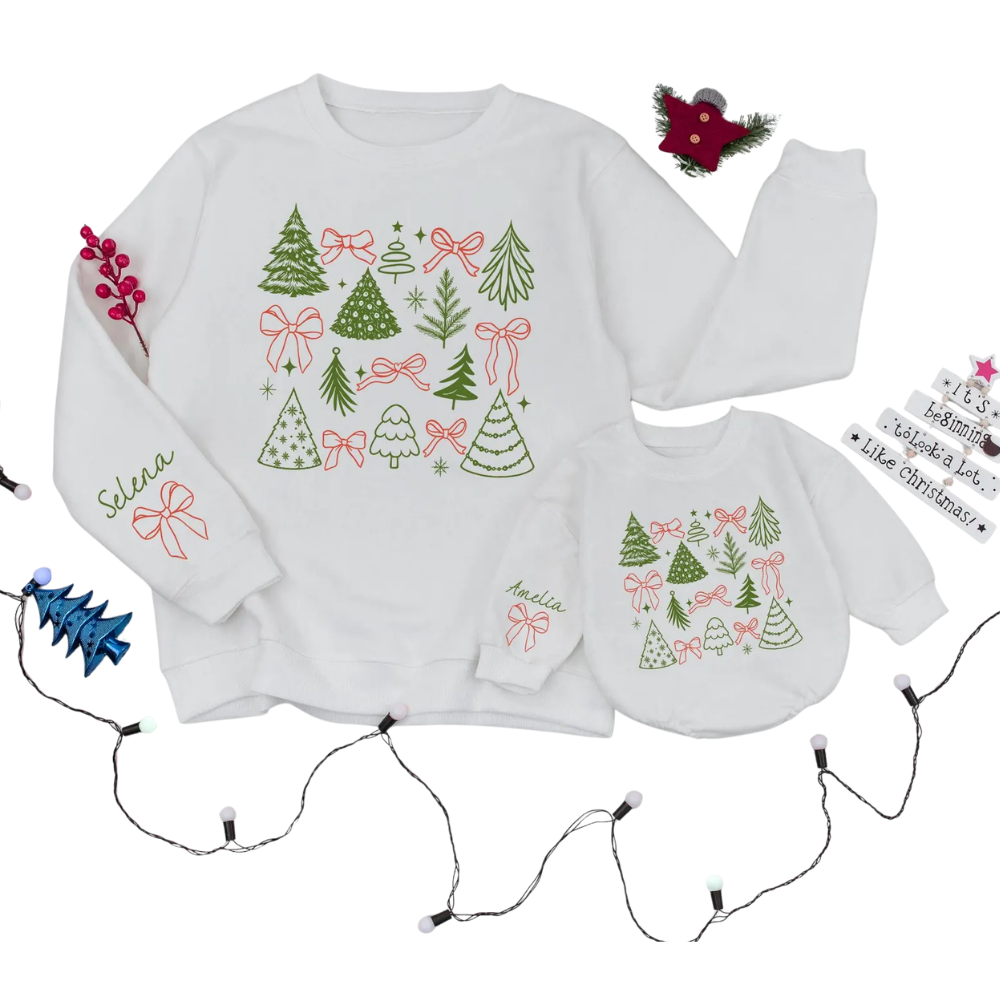 Christmas Tree Doodle Custom Name Mommy And Me Matching Sweatshirt, Custom Xmas Family Sweatshirt ET1657