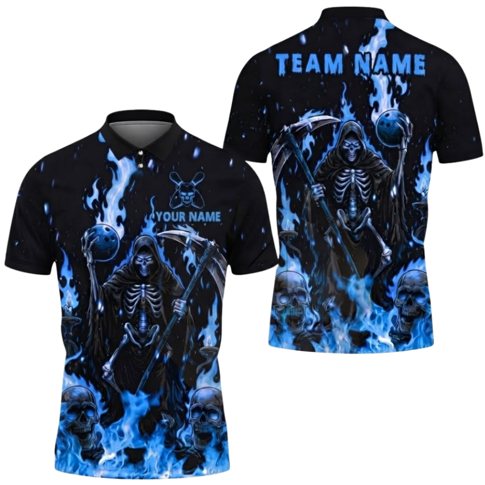 Custom Skeleton Flame Mens Bowling Polo Shirt, Custom Skull Bowling Team Shirts BZ0653
