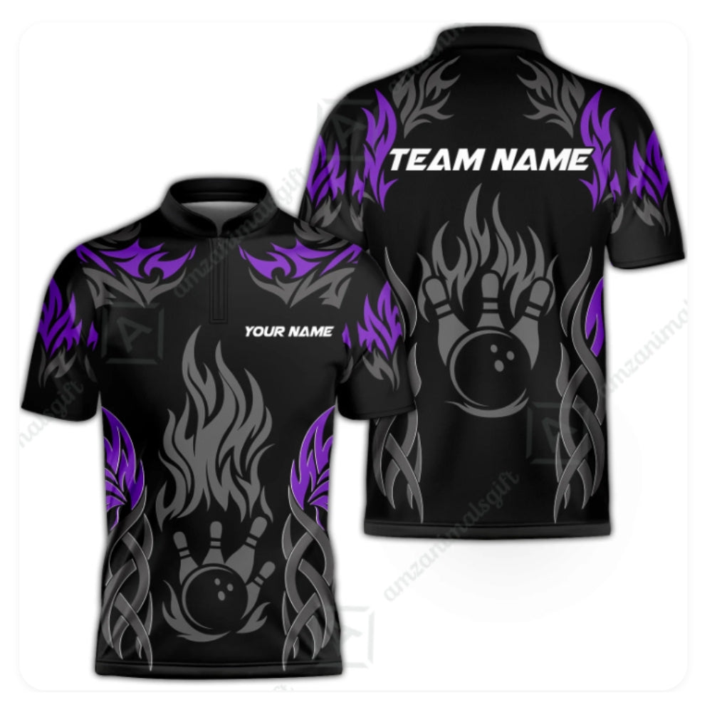 Custom Flame Tribal Bowling Men Jersey Black Red, Custom Team Flame Bowling Shirts BZ0394