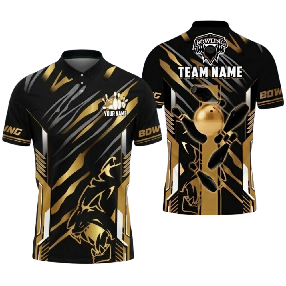 Black And Gold Custom Team Bowling Polo Shirt For Men, Custom Bowling Shirt BZ0802