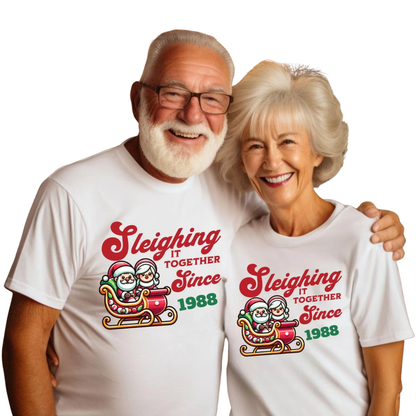 Sleighing It Together Custom Year Christmas Couple Matching T Shirt, Personalized Christmas Shirts For His And Her ET1221
