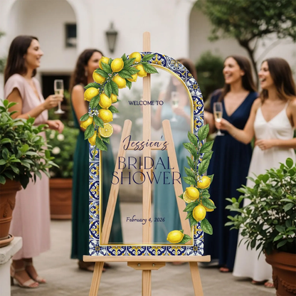 Personalized Lemon Blue Tiles Bridal Shower Welcome Mirror Acrylic Sign, Custom Lemon Bridal Shower Sign WD0725