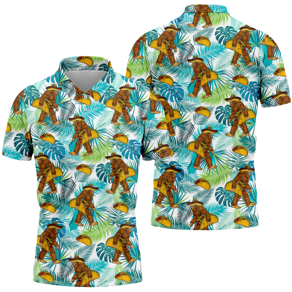 Taco Bigfoot Men's Tropical Golf Polo Shirt, Sasquatch Bigfoot Golf Shirt GE0579