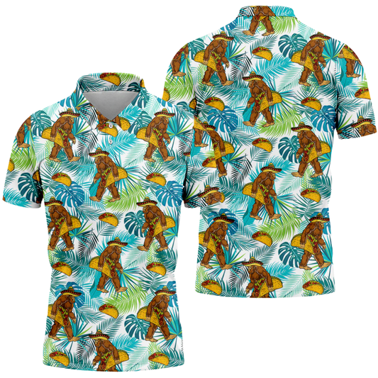 Taco Bigfoot Men's Tropical Golf Polo Shirt, Sasquatch Bigfoot Golf Shirt GE0579