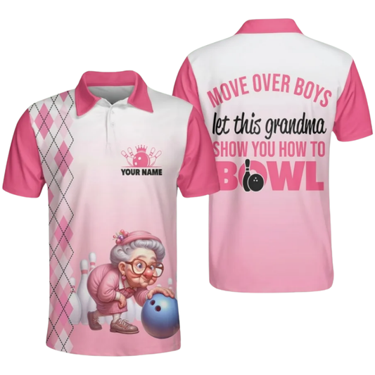 Move Over Boys Let This Grandma Show You How To Bowl Custom Mens White Pink Bowling Polo Shirt, Custom Funny Bowling Shirts BZ0481