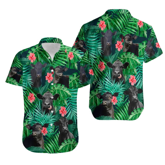 Black Angus Cow Floral Green Hawaiian Shirt For Men Women, Black Angus Cattle Tropical Hawaiian Shirt For Farmer HE0483
