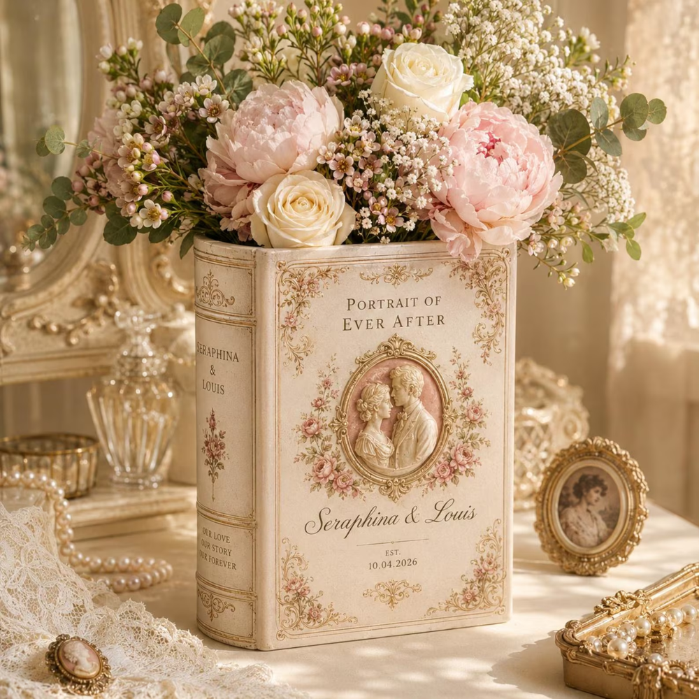 Custom Portrait Of Ever After Wedding Love Story Ceramic Book Vase, Custom Wedding Engagement Book Vase WD0592