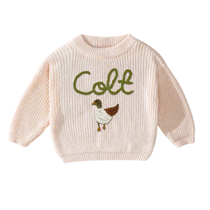 Custom Name Mallard Duck Baby Embroidered Sweater, Personalized Hand Embroidered Duck Sweater For Baby BB0122