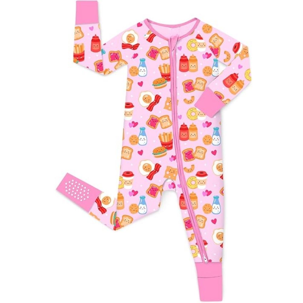 Funny Egg Sandwich Hamburger Pink Baby Romper Convertible Zipper, Breakfast Food Baby Romper Convertible BB0359