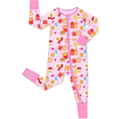 Funny Egg Sandwich Hamburger Pink Baby Romper Convertible Zipper, Breakfast Food Baby Romper Convertible BB0359