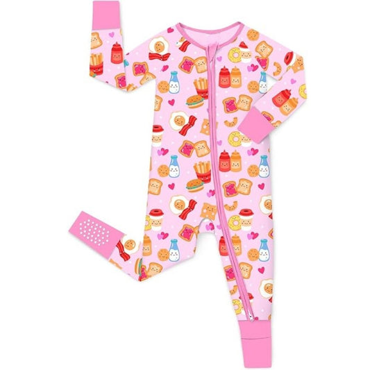 Funny Egg Sandwich Hamburger Pink Baby Romper Convertible Zipper, Breakfast Food Baby Romper Convertible BB0359