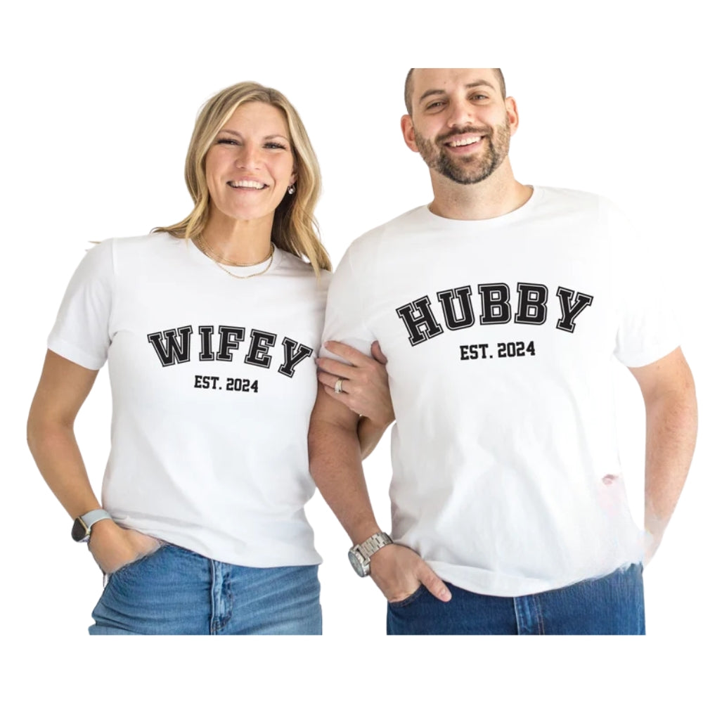Hubby And Wifey Custom Year Wedding Matching Couple T Shirts, Custom Husband Wife Matching Shirts For Anniversary ET0816