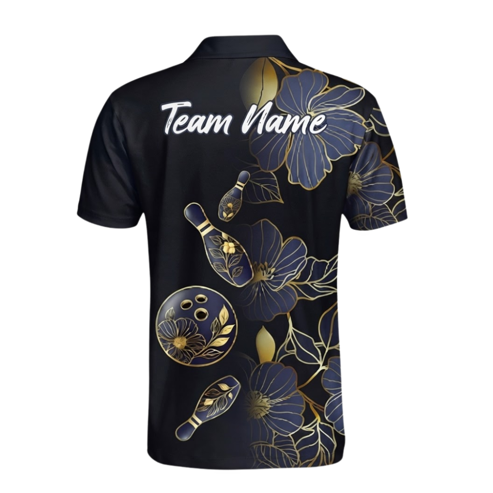 Custom Floral Black Gold Bowling Polo Shirts For Men, Custom Floral Bowling Team Shirts BZ1040