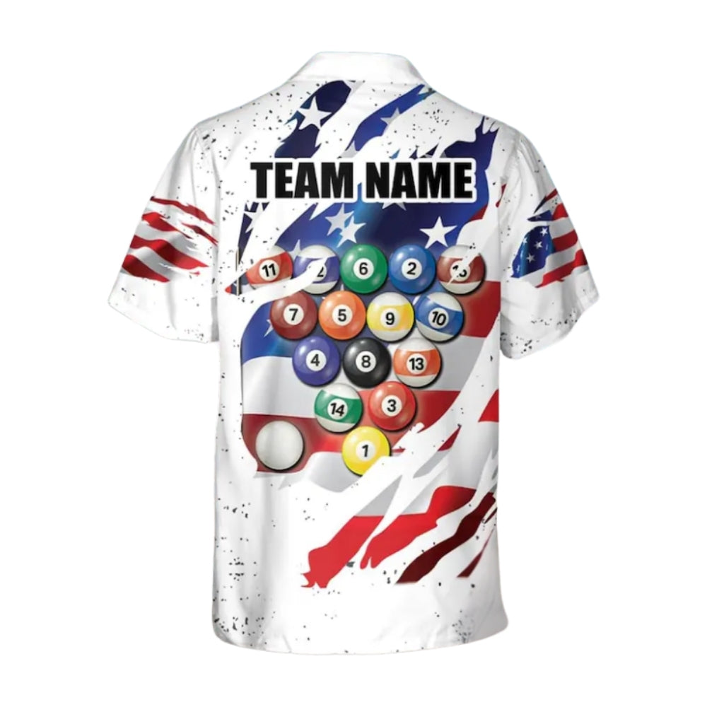 Custom White USA Flag Billiard Hawaiian Shirt For Mens, Custom Team Patriotic Billiard Shirts BIE0029