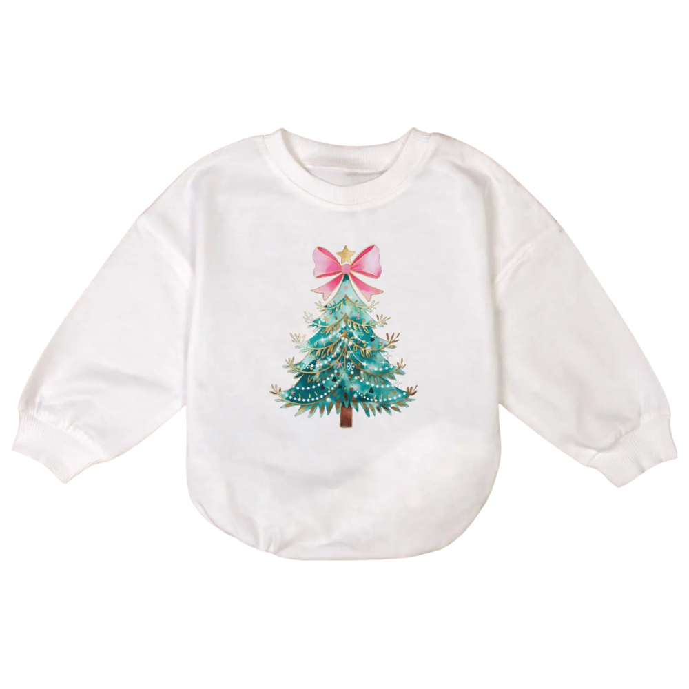 Coquette Christmas Tree Baby Romper Sweatshirt, Christmas Baby Romper Sweatshirt BB0019