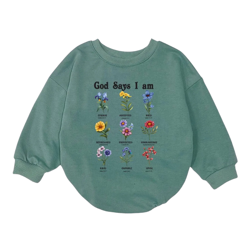 God Says I Am Bible Verse Baby Floral Romper Sweatshirt, Christian Baby Romper Sweatshirt  BB0105