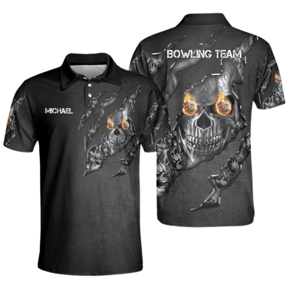 Custom Mens Skeleton Black Mens Bowling Polo Shirt, Custom Skull Team Bowling Shirts BZ0645
