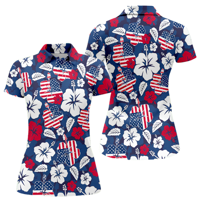 Hibiscus American Flag Golf Polo Shirt For Ladies, Women's Patriotic Tropical Golf Shirts For 4th Of July GZ0268