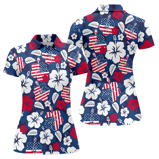 Hibiscus American Flag Golf Polo Shirt For Ladies, Women's Patriotic Tropical Golf Shirts For 4th Of July GZ0268
