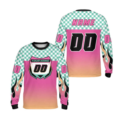 Custom Checkered Gradient Flame Long Sleeve Dirt Bike Jersey For Men, Custom Checkered Dirt Bike Shirts ME0023
