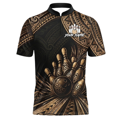 Custom Tribal Black And Gold Men's Bowling Jersey Shirts, Custom Tribal Bowling Team Shirts BZ1043