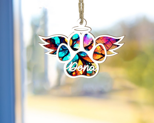 Pet Memorial Suncatcher, Paw with Wings Ornament, Pet Angel Suncatcher, Loss Of Pet Sympathy Gifts OA0055