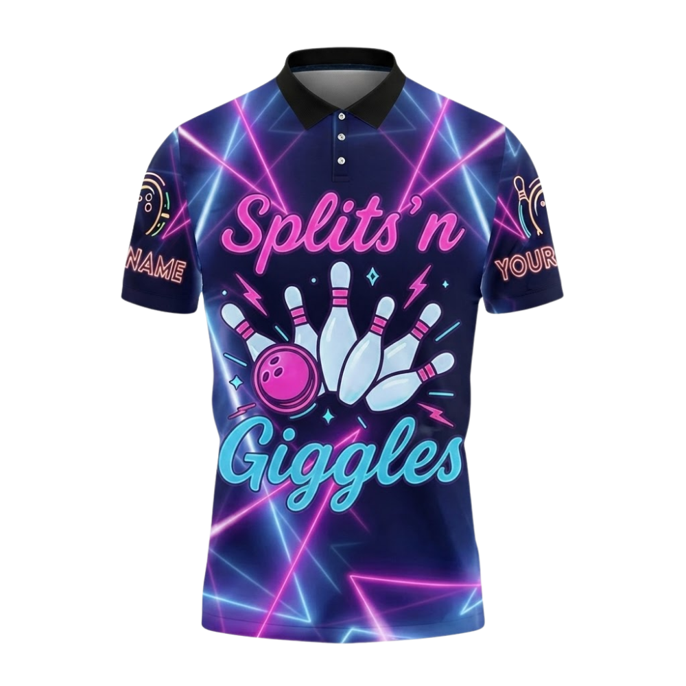 Splits'n Giggles Custom Neon Purple Bowling Polo Shirt For Men, Custom Funny Bowling Team Shirts BZ0738