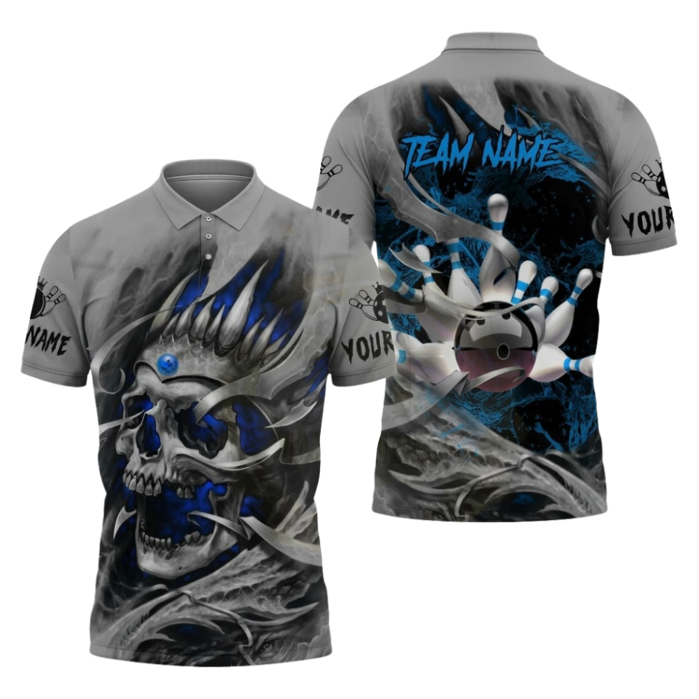 Custom Skull Gray Green Bowling Mens Polo Shirts, Custom Skull Team Bowling Shirt BZ1095