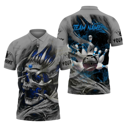 Custom Skull Gray Green Bowling Mens Polo Shirts, Custom Skull Team Bowling Shirt BZ1095