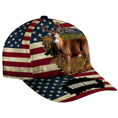 American Flag Custom Name Deer Baseball Cap, Custom Deer Caps For Hunters CP0523