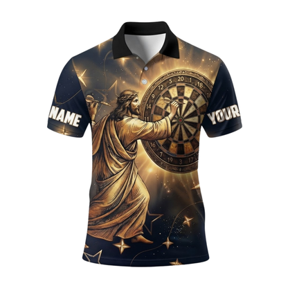 Custom Jesus Gold Black Darts Polo Shirt Men, Custom Christian Darts Team Shirt DE0107