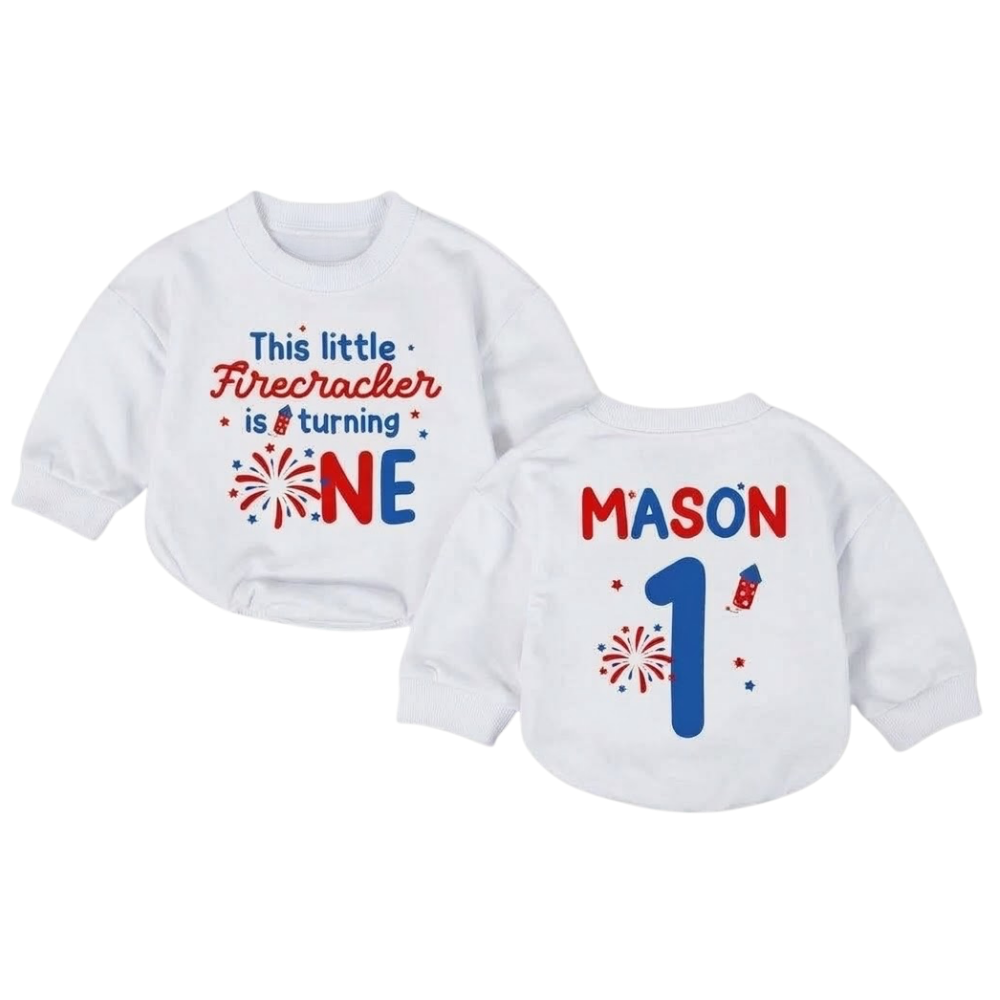 This Little Firecracker Is Turning One Custom Baby Romper Sweatshirt, Custom 4th Of July First Birthday Baby Romper Sweater BB0517
