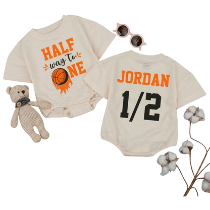 Personalized Half Way To One Birthday Baby Basketball T Shirt Romper, Custom Basketball 1/2 Birthday Baby Romper BB0296