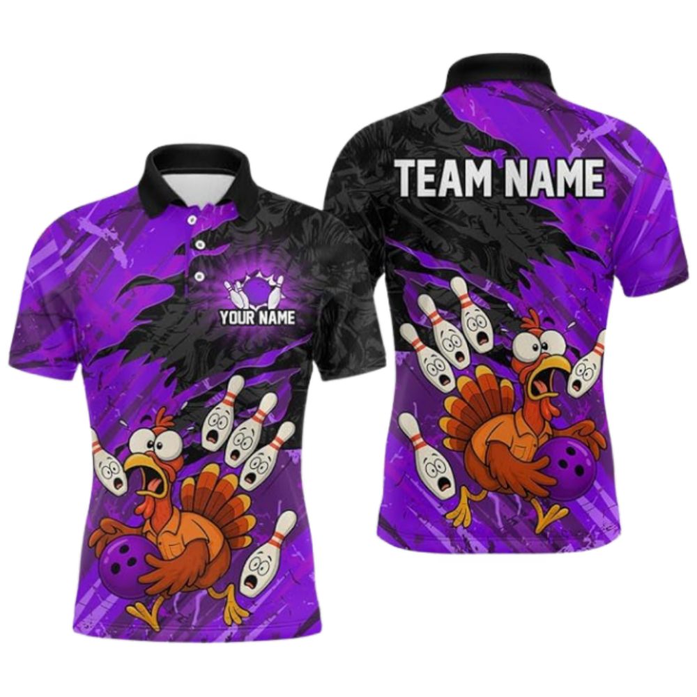 Funny Turkey Custom Bowling Polo Shirt For Men, Custom Thanksgiving Bowling Team Shirts BZ0672
